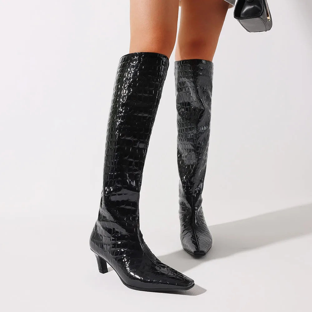 Stylish Women Knee High Boots Point Toe Kitten Med Heels Slip-On Sexy Party Street Wide Calf Boots For Woman Fashion Shoes