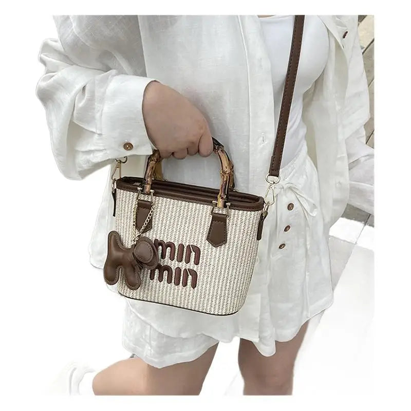 Women's Bag 2025 New Fashion Luxury Personality Versatile Trend Bucket Bag Straw Bamboo Tote Bag Shoulder Bag