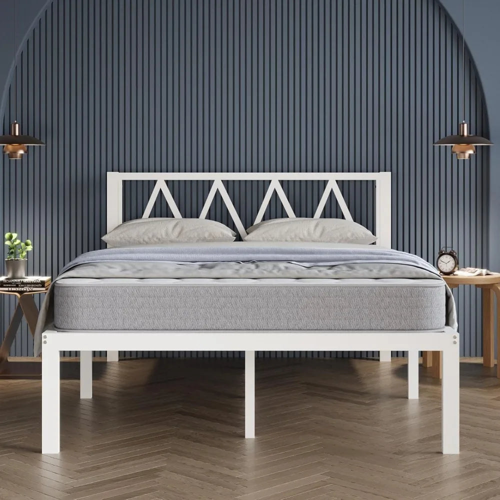 White Metal Full Size Bed Frame with Headboard, 18 Inch Platform Bed, No Box Spring Needed, Easy Assembly