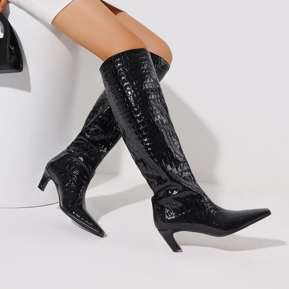 Stylish Women Knee High Boots Point Toe Kitten Med Heels Slip-On Sexy Party Street Wide Calf Boots For Woman Fashion Shoes