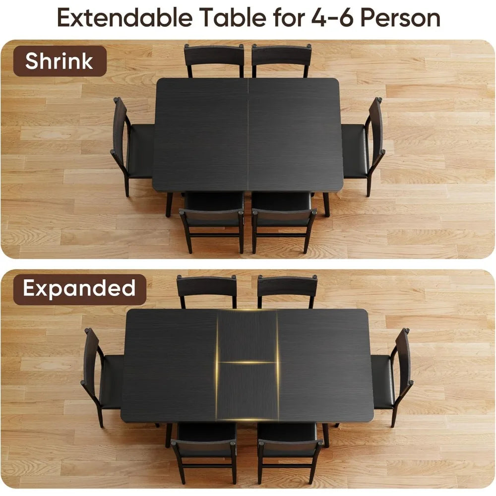 7-Piece Extendable Dining Table Set with 6 Padded Chairs, 63" Dining Table Set for 4-6, Kitchen Table Set with MDF Board & Meta
