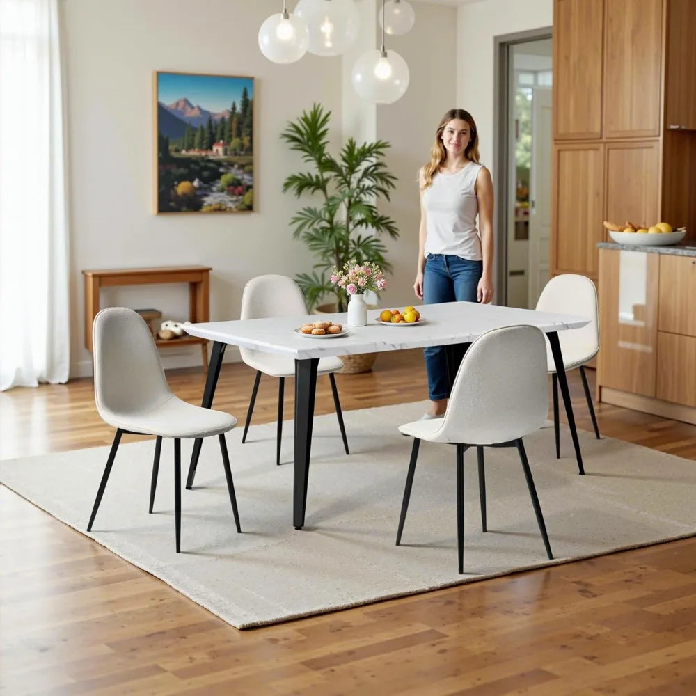 Mid-Century Modern 5-Piece Dining Set - Rectangular Table with 4 Fabric Chairs, Metal Frame, Durable PE Material for Stylish Din