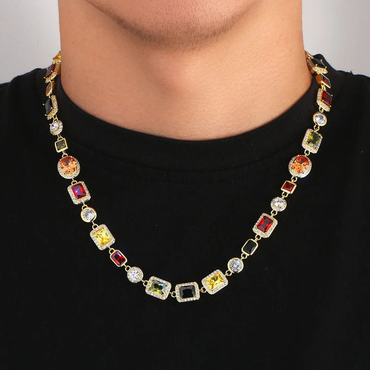 Gorgeous Mixed Gemstone Tennis Chain 5A CZ Gem 18K Gold Plated Vintage Multi Colored Jewelry Necklace For Women Men