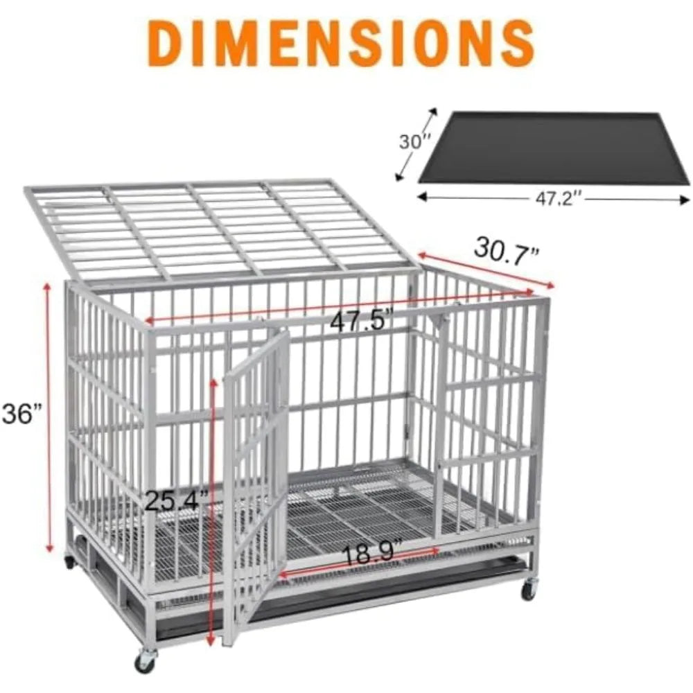 54/48/42/38 inch heavy duty dog crate cage with wheels, indestructible and escape proof steel kennel indoor for high anxiety dog