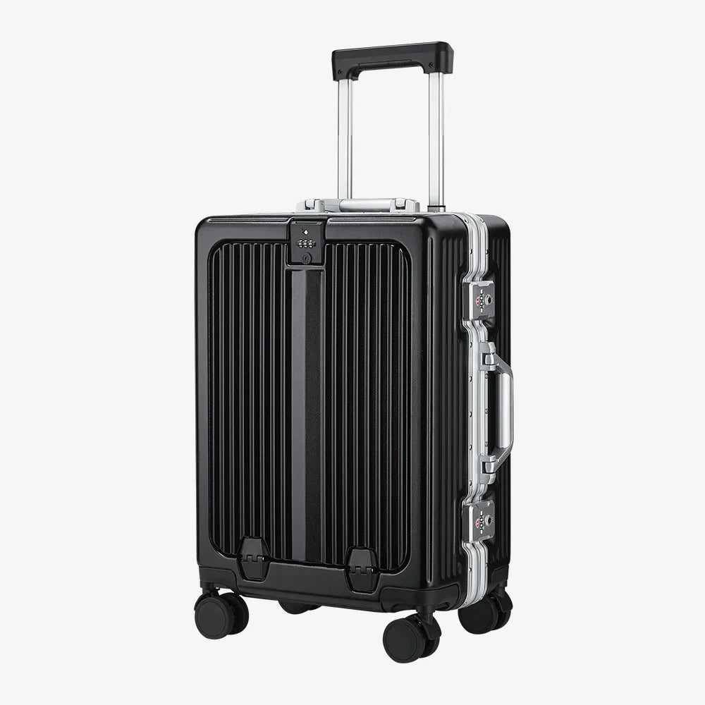 Front Opening Suitcase Aluminum Alloy Widen Trolley Rolling Luggage with Cup Holder TSA Lock Spinner Wheels Carry-on Case Bag