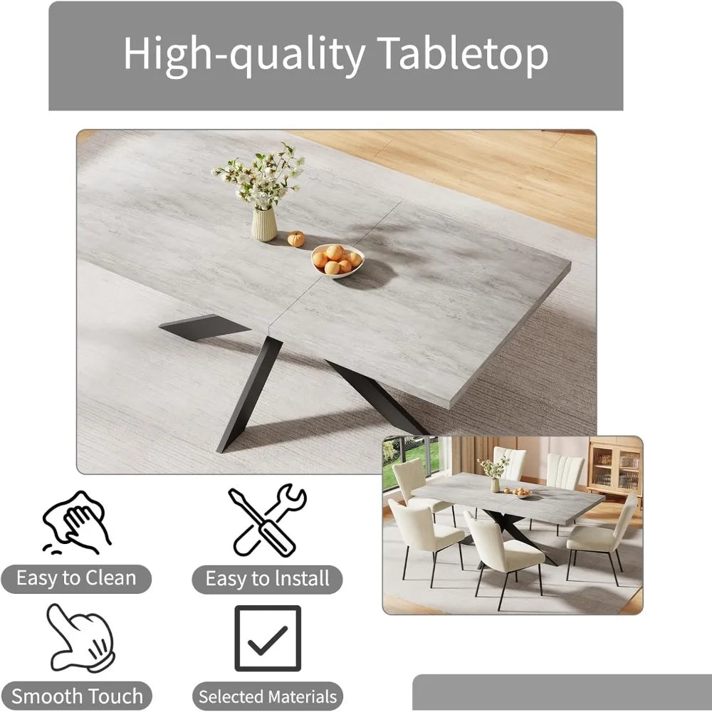 6-Piece Extendable Dining Table Set, Modern 63''–79'' Grey Wood Table with 6 Grey Fabric Chairs, Dining Room Table and  Chairs 6
