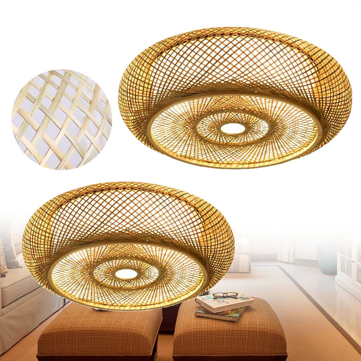 Asian Rustic Bamboo Flush Mount Ceiling Light 3-Lamp Antique Rattan Ceiling Light Weaving Lantern Lighting Fixture