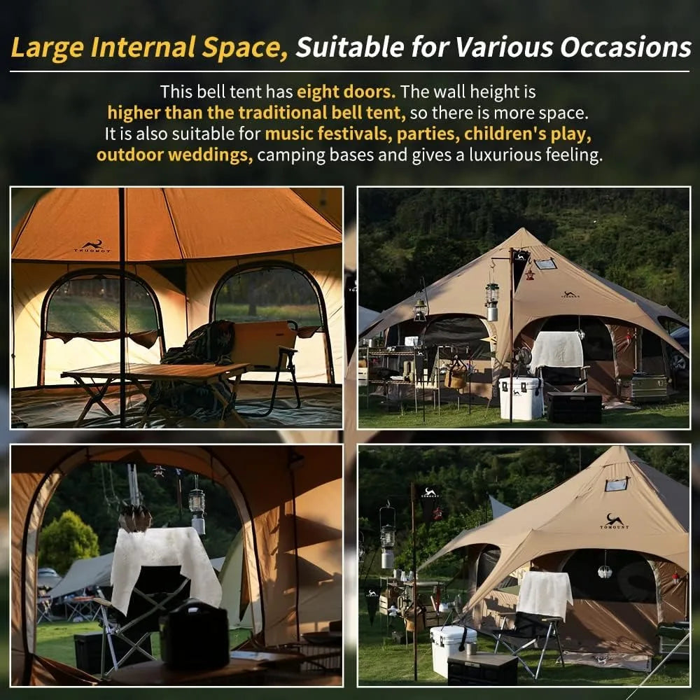 Family Glamping Bell Tent 16.4ft High with 9.2ft Diameter, Removable Floor and Stove Jack for Outdoor Camping