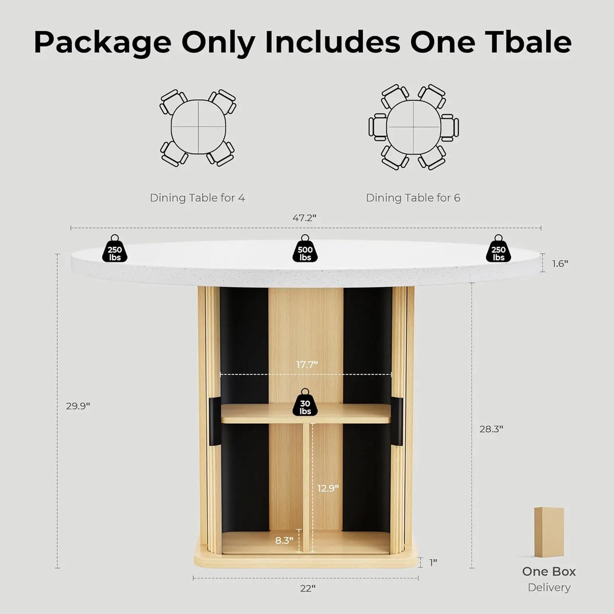 IRONCK Round Dining Table for 4, 47 inch Modern Farmhouse Kitchen Table with Storage Shelf and Wood Slide Doors for  Kitchen