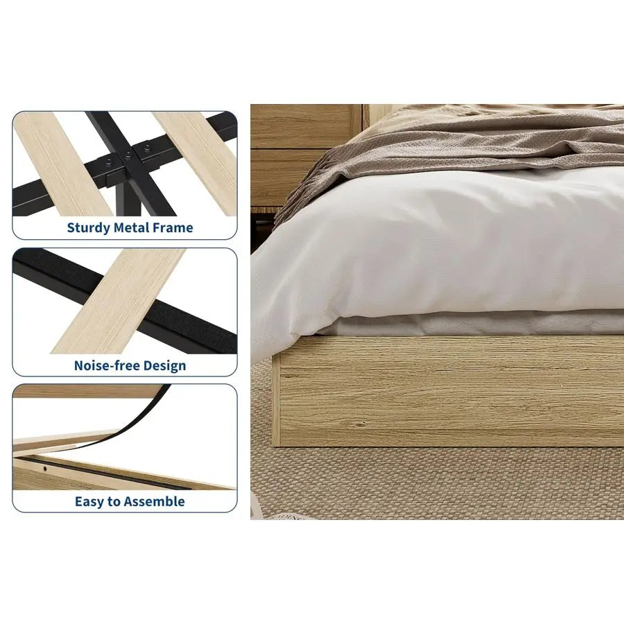 Full Size Wood Platform Bed Frame, Wooden Bed Frame Without Headboard, Wood Slat Support, No Box Spring Needed, Easy Assembly