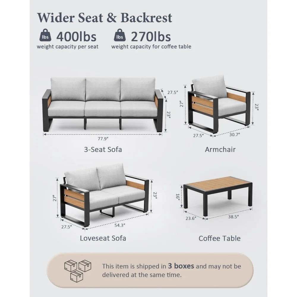 zandor outdoor aluminum patio furniture - 1 pcs 3-seat, all-weather metal modern outside sofa with washable thick cushion for ga