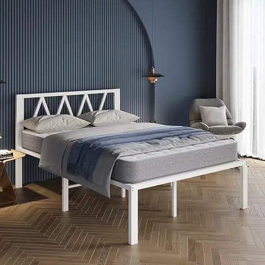 White Metal Full Size Bed Frame with Headboard, 18 Inch Platform Bed, No Box Spring Needed, Easy Assembly