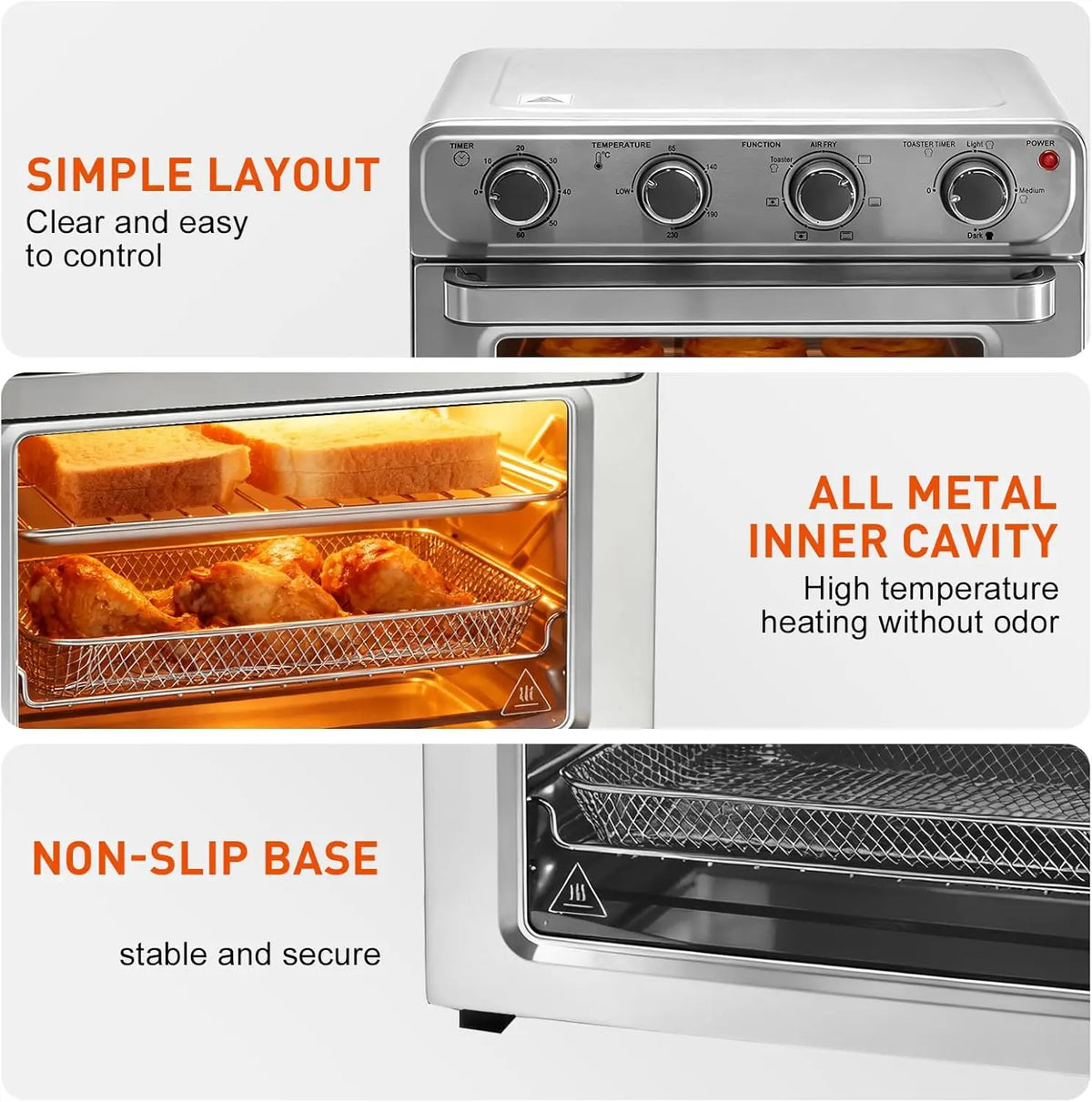 Air Fryer Toaster Oven Combo 26.4QT, 4-in-1 Convection Countertop Oven, Stainless Steel, 450°F, Includes 4 Accessories