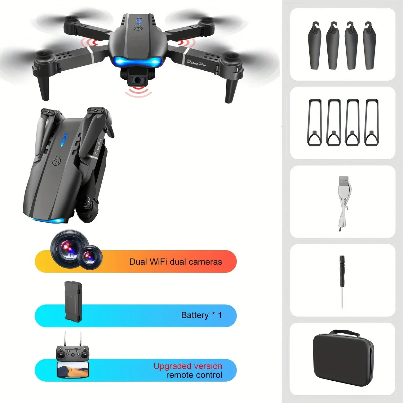 Mini Foldable RC Quadcopter E99  - Dual Camera Aerial Drone with 4K HD, Hold Mode & LED Lights | WIFI Remote Control Toy