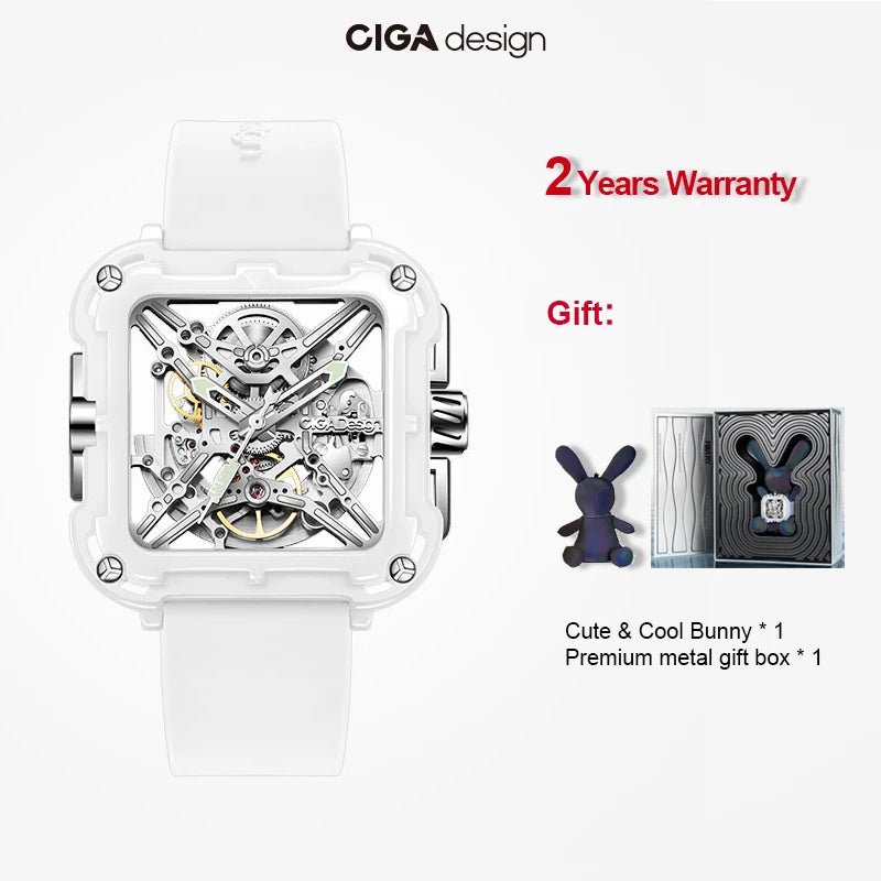 CIGA Design X Series Automatic Movement Couple Watches for Men Women White Ceramic Luminous Skeleton Mechanical Wristwatches