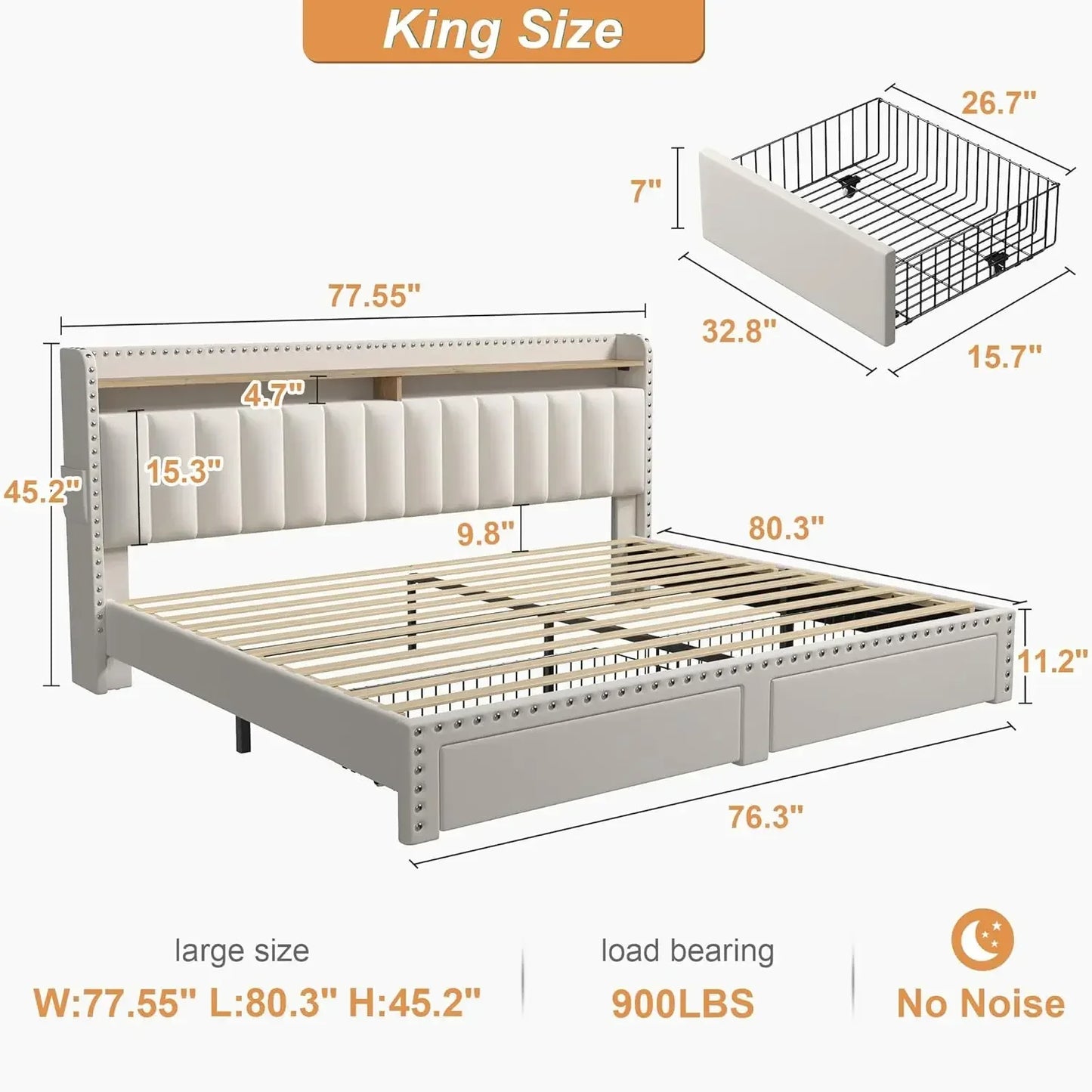 King size bed frame with storage and headboard, cushioned king size bed frame, king size bed frame with 2 drawers, noise free