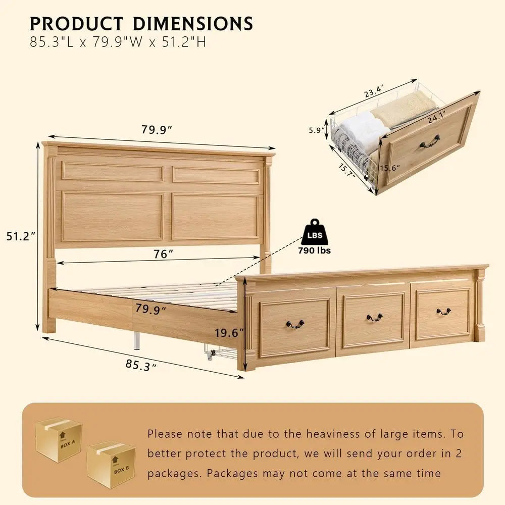 Natural King-Size Farmhouse Bed Frame with 51 High Headboard, Roman Column Footboard, and 3 Storage Drawers - No Box Spring Need