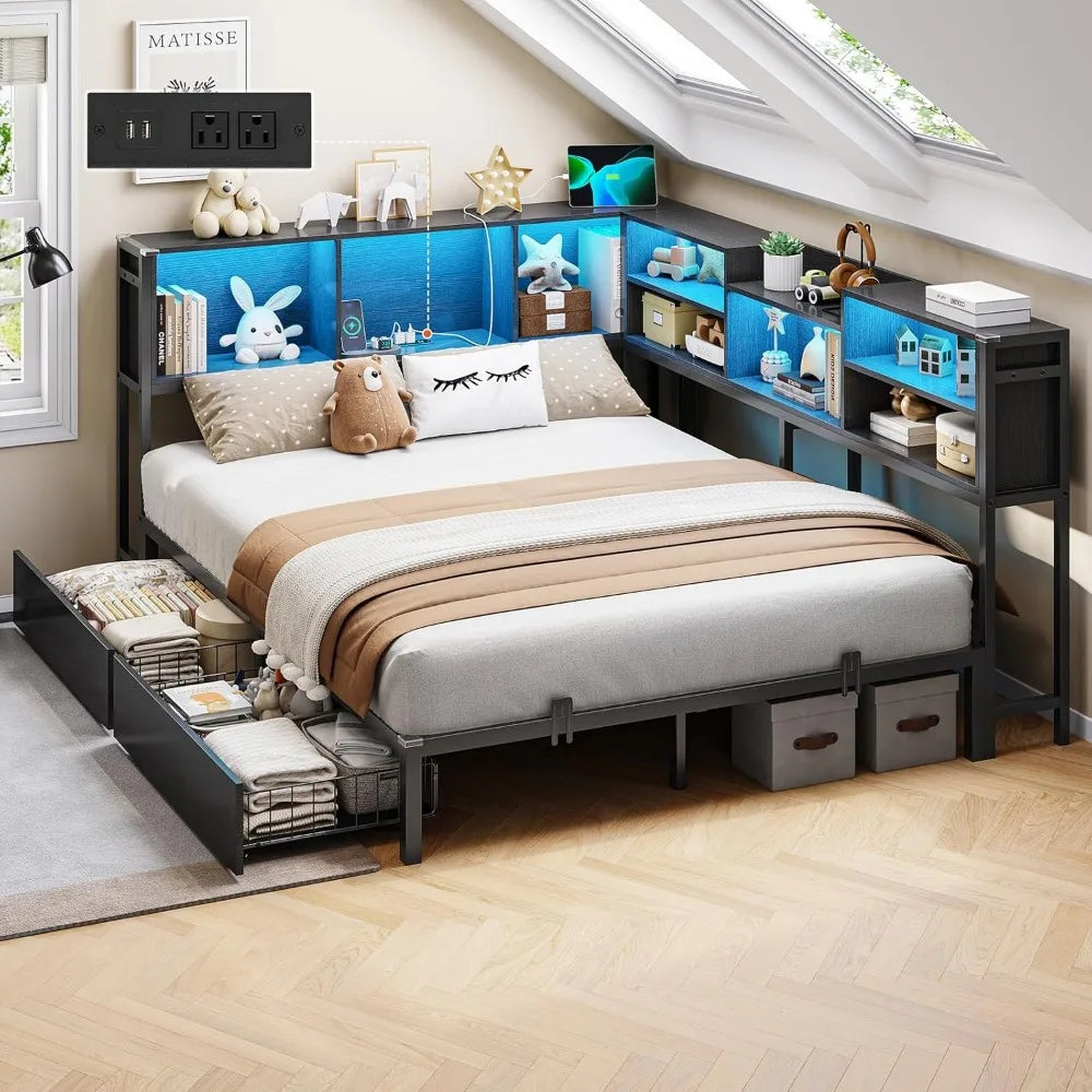 DICTAC Full Corner Bed Frame with Bookcase Storage and Led Lights Metal Platform Bed Frame with 2 Drawers and Charging Station F