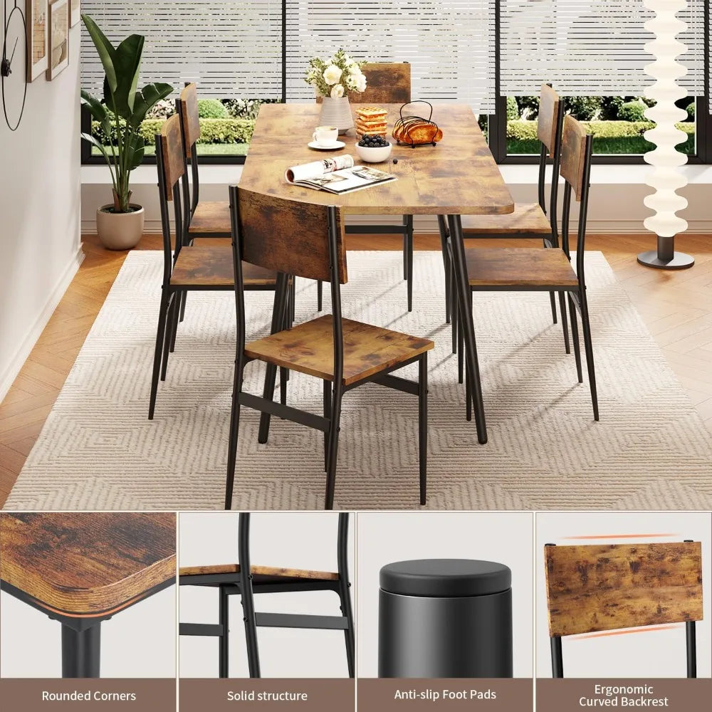63” Extendable Dining Table Set for 4-6 People, 7-Piece Dining Table Set for 6 People with 6 Chairs, MDF Wood Board Kitchen Tabl