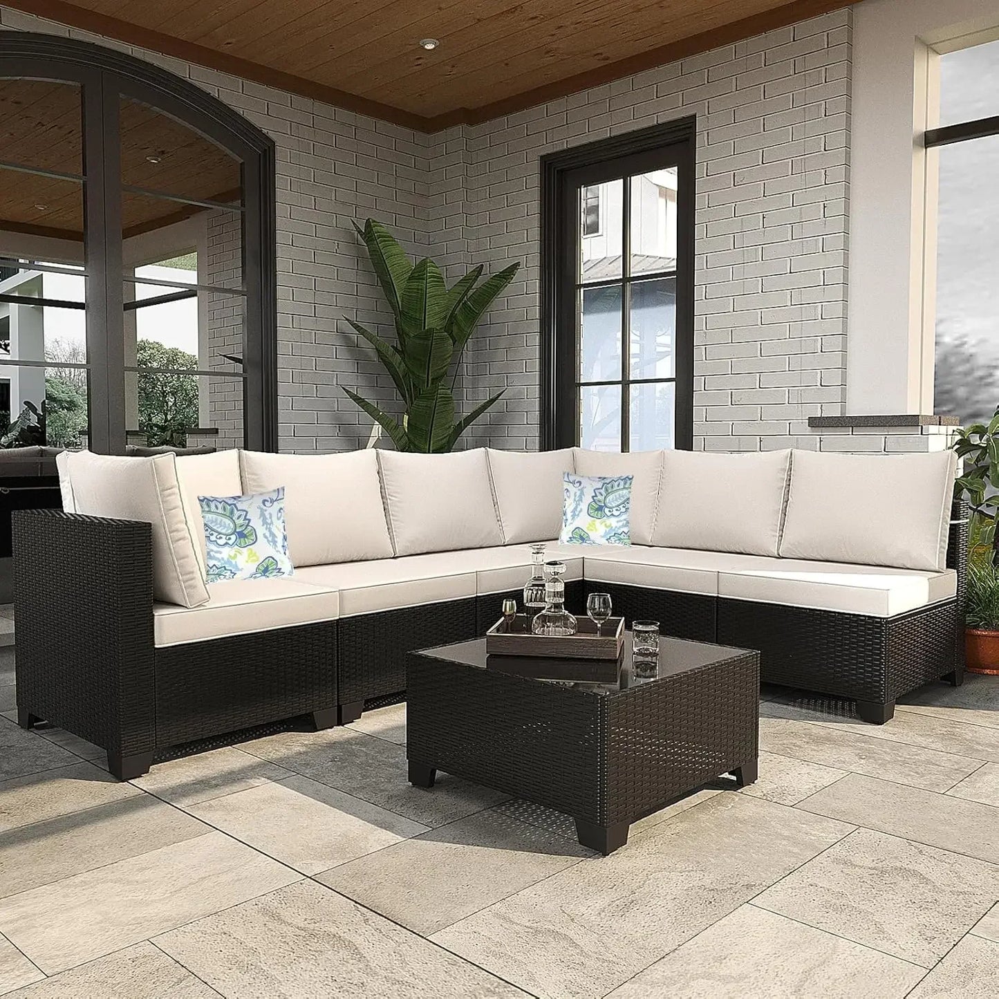 7-Piece Outdoor Conversation Set Rattan Sofa Patio Furniture with Wicker And Cushions for Garden Backyard