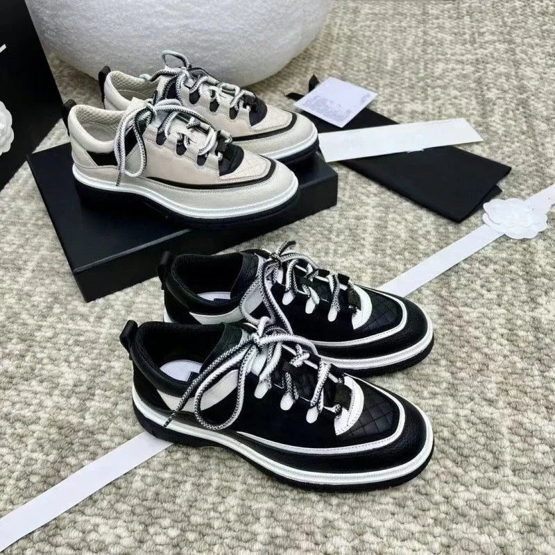 Women's Shoes Round Head Cowhide Color Matching Casual Sports Shoes Diamond Line Lace-up Leather Board Shoes