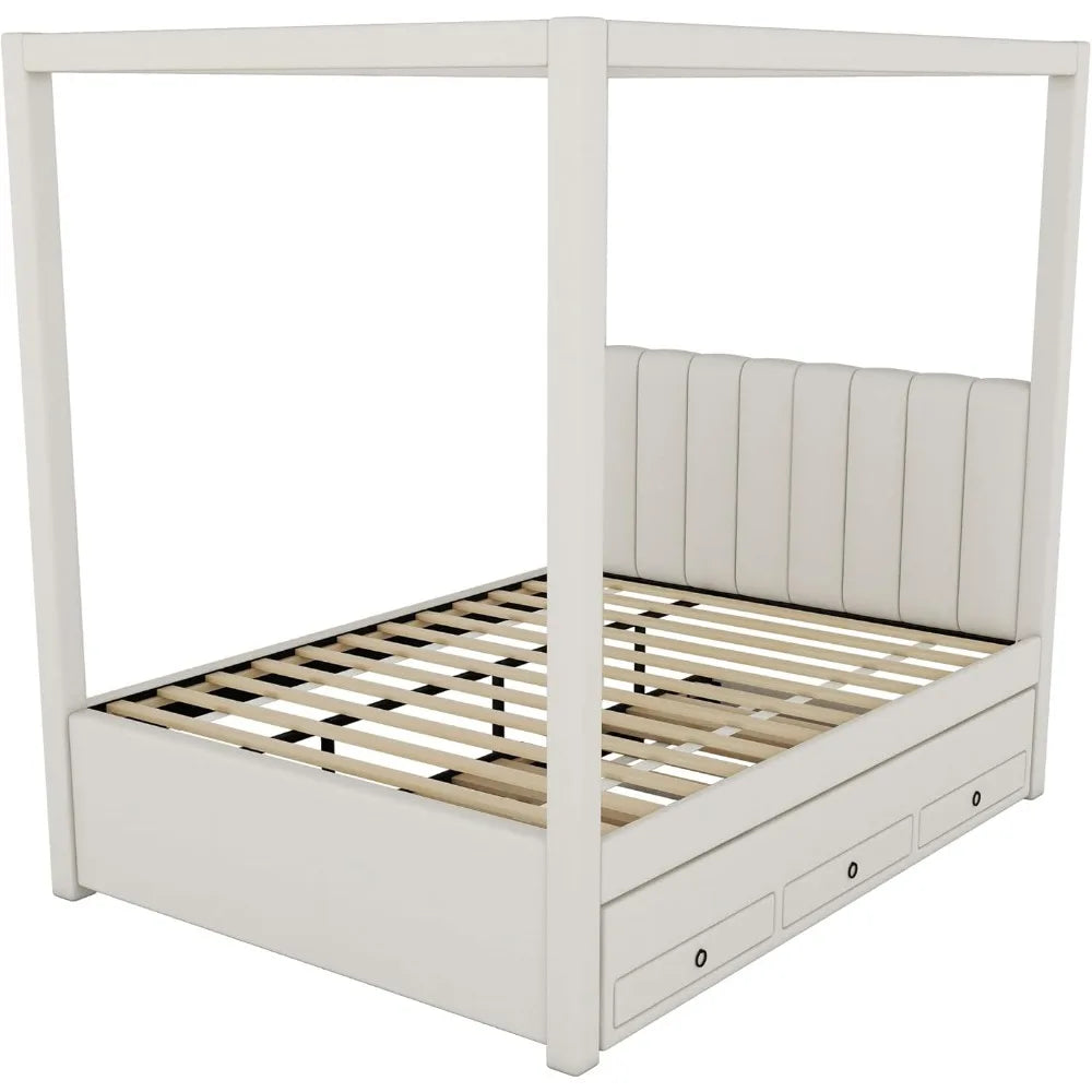 Full Size Linen-Upholstered Canopy Bed with Trundle and Storage Drawers, Wooden Platform Frame