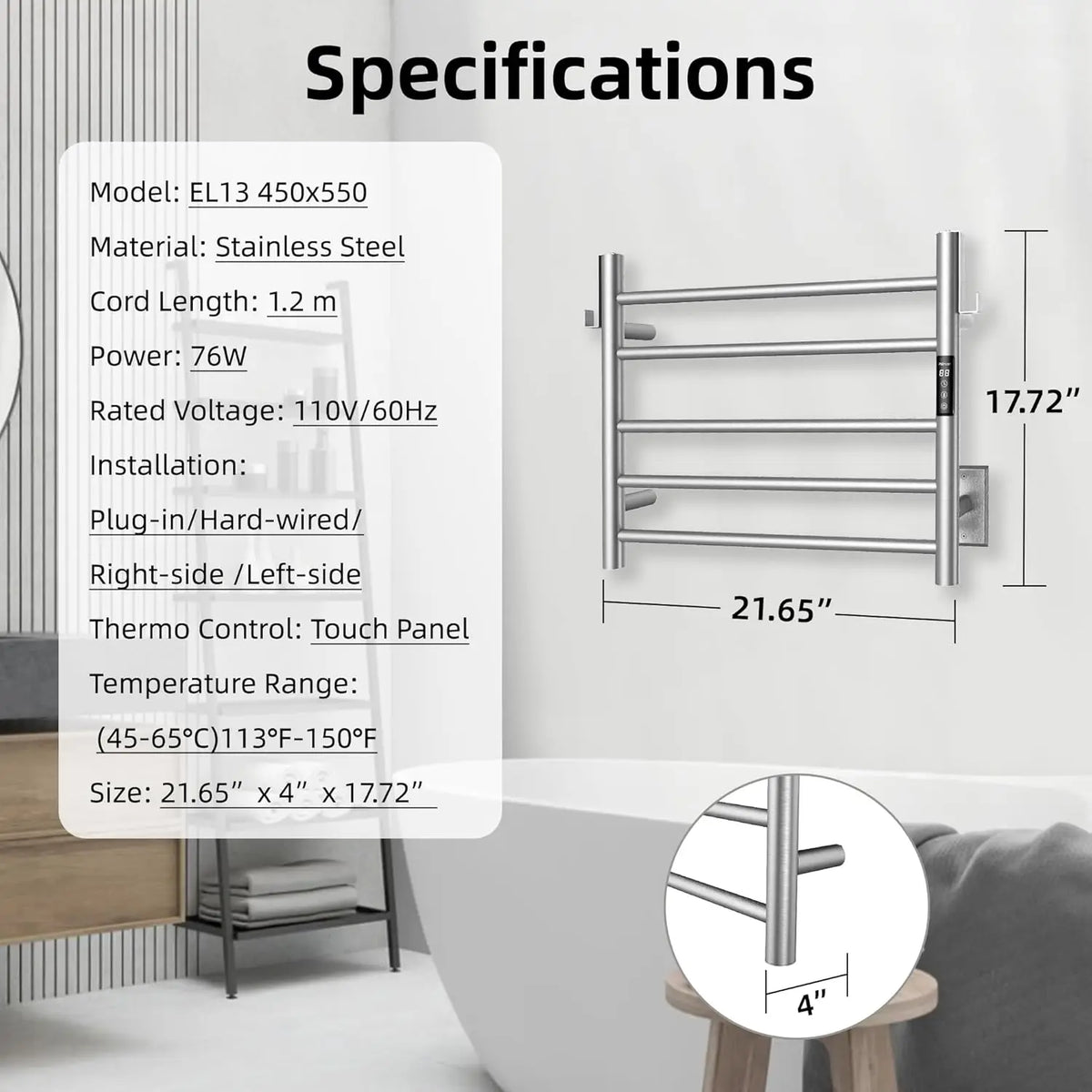 Heated Towel Rack for Bathroom,Wall Mounted Electric Towel Rack with Timer and LED Indicator, 5-Bar Towel Warmer, Stain