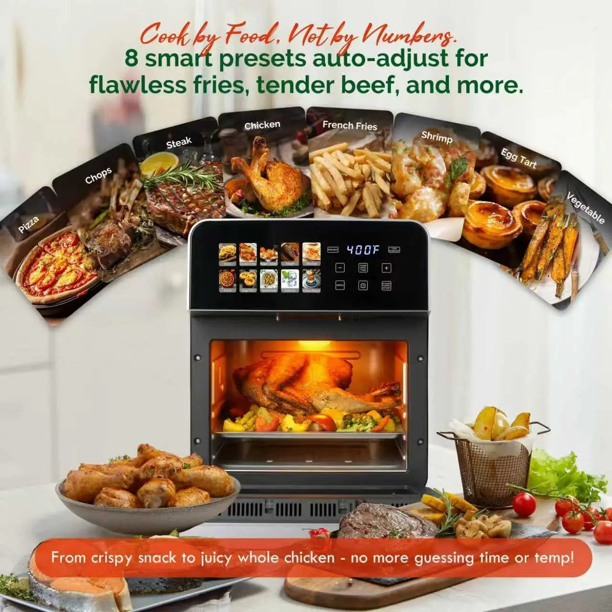 10QT Air Fryer Toaster Oven Combo with 10 Presets, Stainless Steel Interior, Easy Clean, Includes Accessories & Recipe