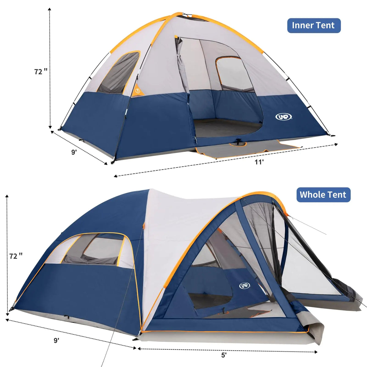 Camping Tent with Screen Room, Portable 6 Person Camping Tent, Family Dome Tent for Camping Outdoor - 14'x11'x72''(H)