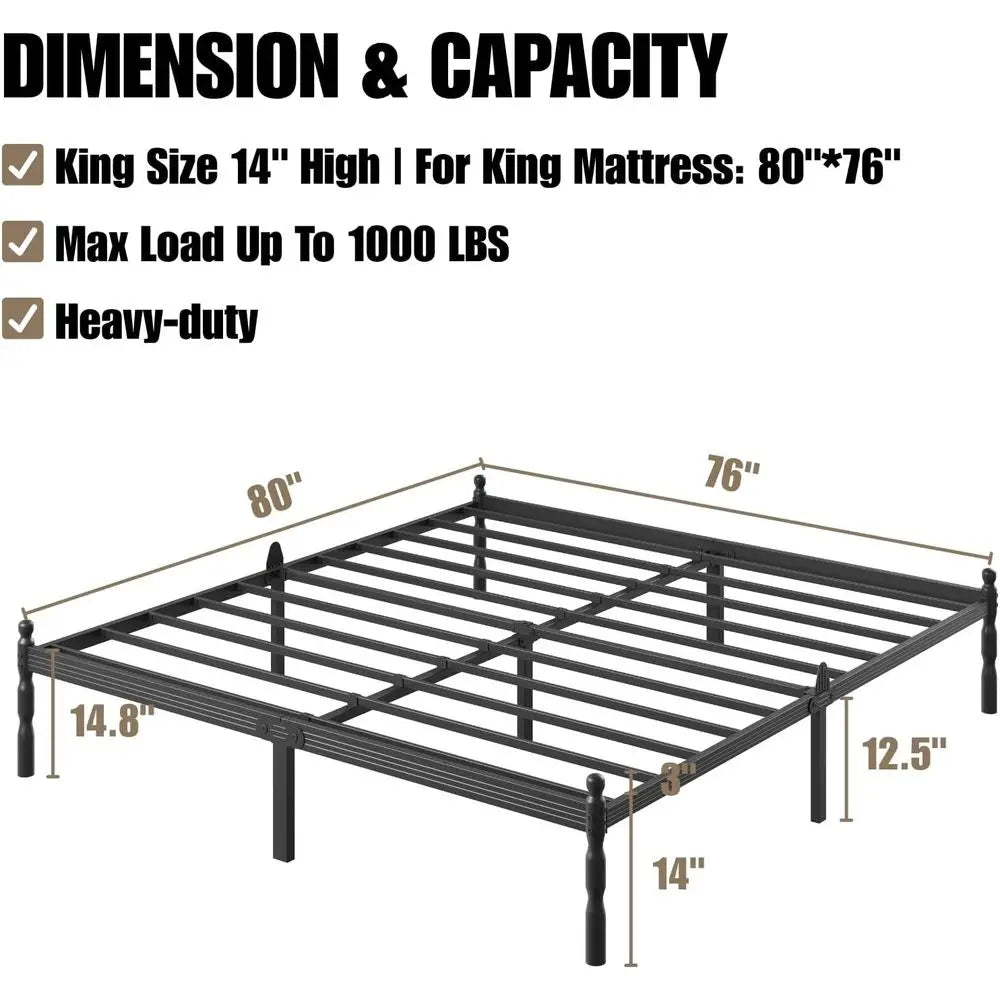 King Size Metal Bed Frame with 2 Mattress Stoppers, No Box Spring Needed, Easy Assembly, Heavy Duty, Noiseless, Non-Slip