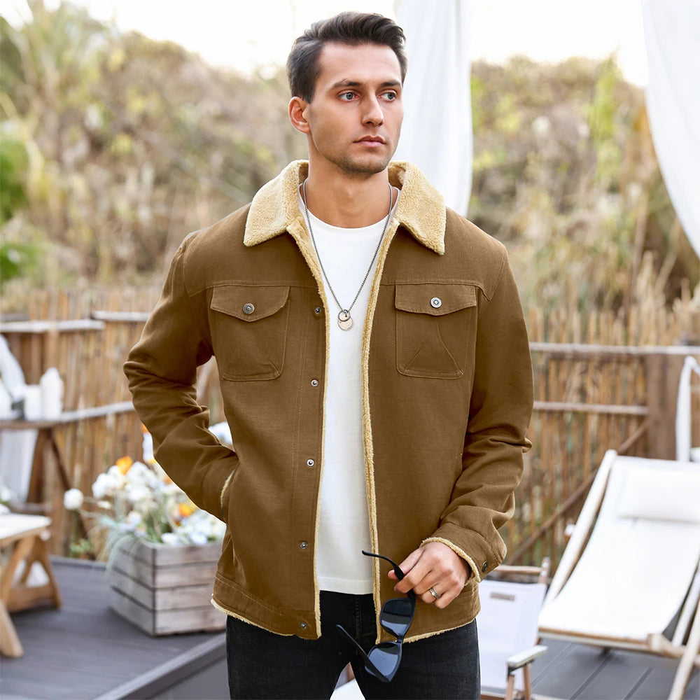 Men's Jackets Winter Faux Shearling Lined Windproof Warm Coat Black Buttoned Parka Pockets Comfortable Casual Tops US Size
