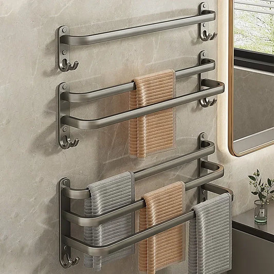 Gun Gray Towel Rack Non Perforated  Bathroom Wall Mounted Bathroom Towel Hanging Pole Storage Rac  Bathroom Storage Rack