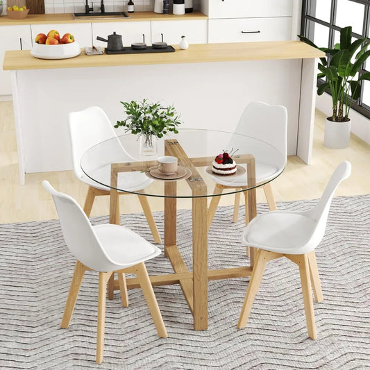 42 Round Glass Dining Table Set for 4-6, 0.3” Modern Tempered Glass Tabletop with 4 Padded Chairs, ModernTable and Chai
