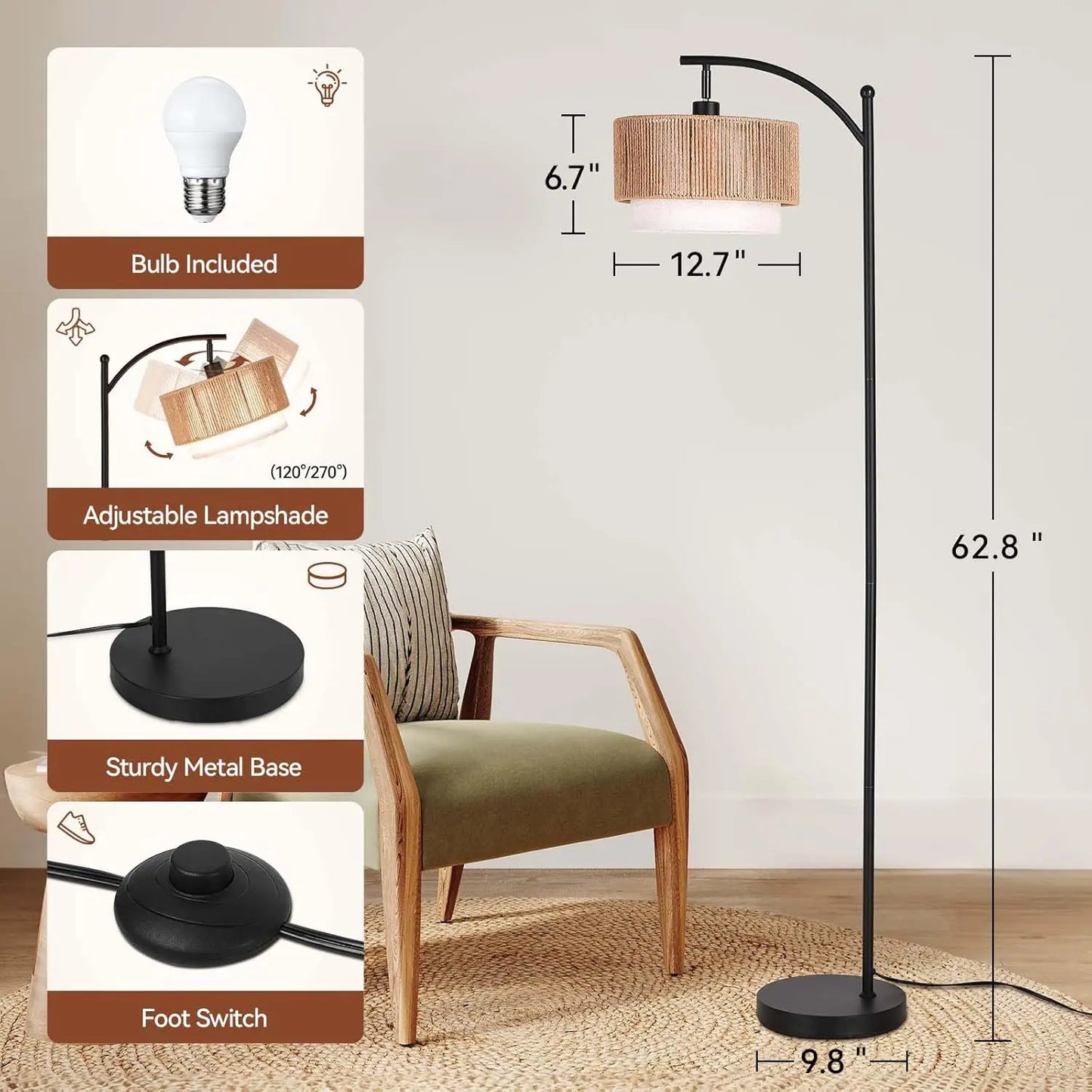 Arc Floor Lamp with 12W LED, 3 Color Temperatures, Adjustable Rattan & Fabric Shades, Boho Living Room Lamp