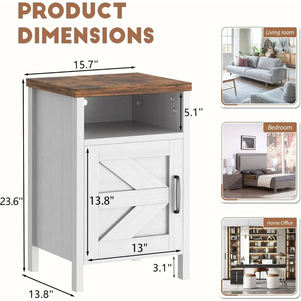 Modern Bedside Tables Set of 2, Nightstand with Barn Door and Open Shelf, Side Table for Small Spaces, Sleek and Compact Design