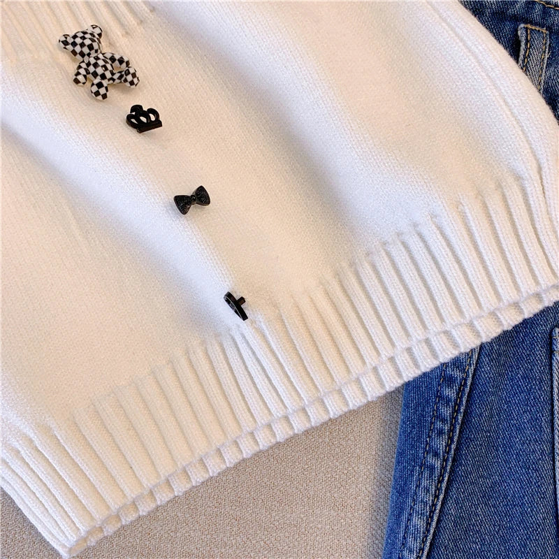 Women Clothing White Three-dimensional Bear Knitted Tanks Tops Ummer Short Suspender Top Sleeveless Camisole T-shirt