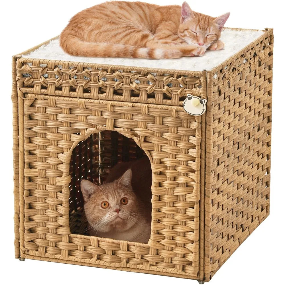 Cat Beds for Indoor Cats Extra Large Double Cat Cave Pet Cube, Handwoven Rattan Cat Houses with Double-Sided Soft Cushions, 18.5