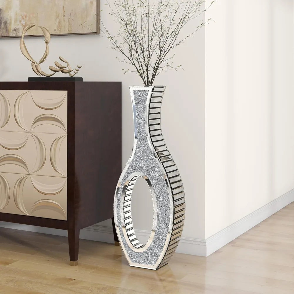 Floor Vase Crushed Diamond Mirrored Vase 30” Tall, Large Silver Tall Vases for Floor Crystal Hollow Decorative Glass Vase