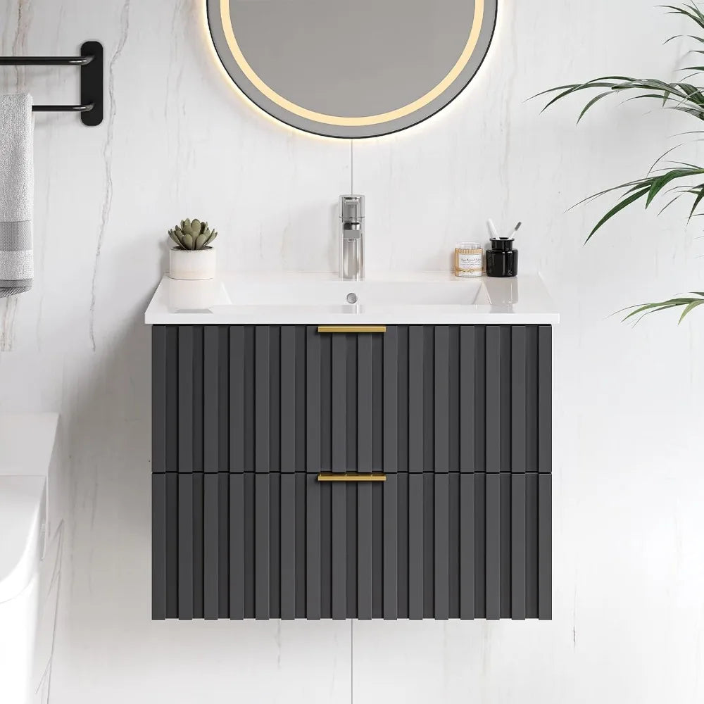 24 Inch Bathroom Vanity with Sink Combo, Floating Bathroom Vanity with 2 Fluted Drawers & Metal Handle,Modern Wall Mount Storage