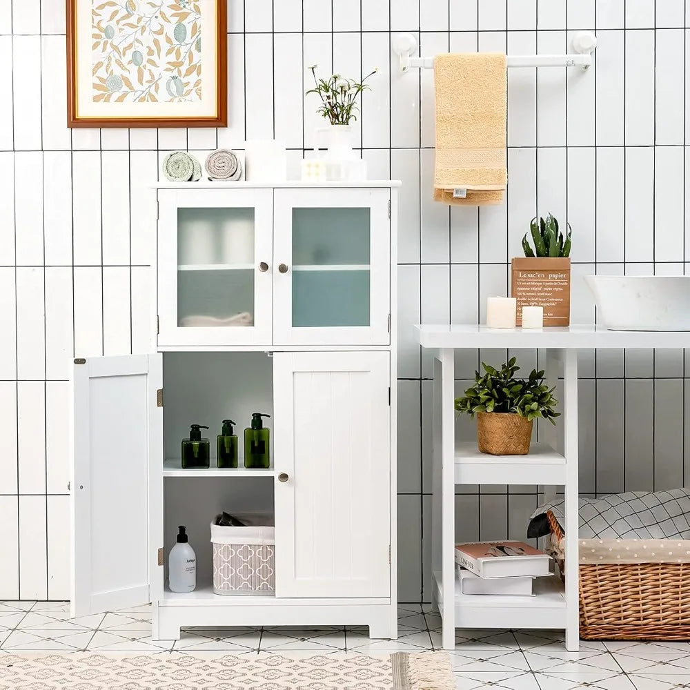 Bathroom Floor Cabinet, Freestanding Storage Cabinet w/Glass Doors, Wood Kitchen Cupboard w/Adjustable Shelf, Bathroom