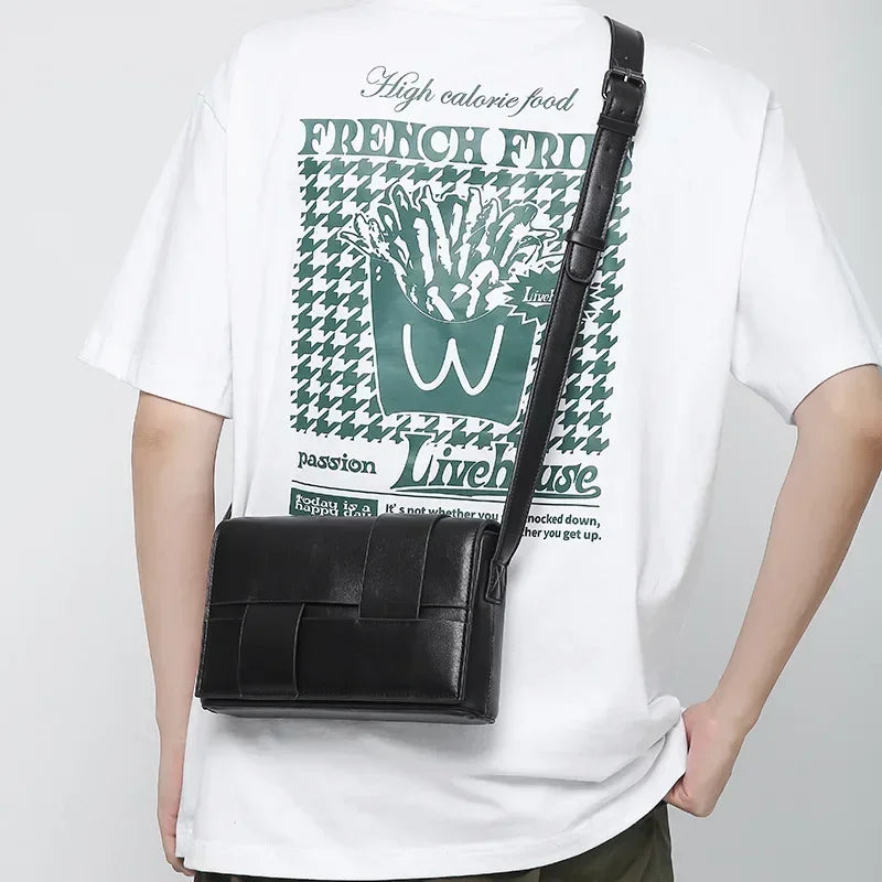 New Fashion Weave Men Crossbody Bag Casual Business Pu Leather Men's Messenger Woven Vintage Shoulder Handbags Bags