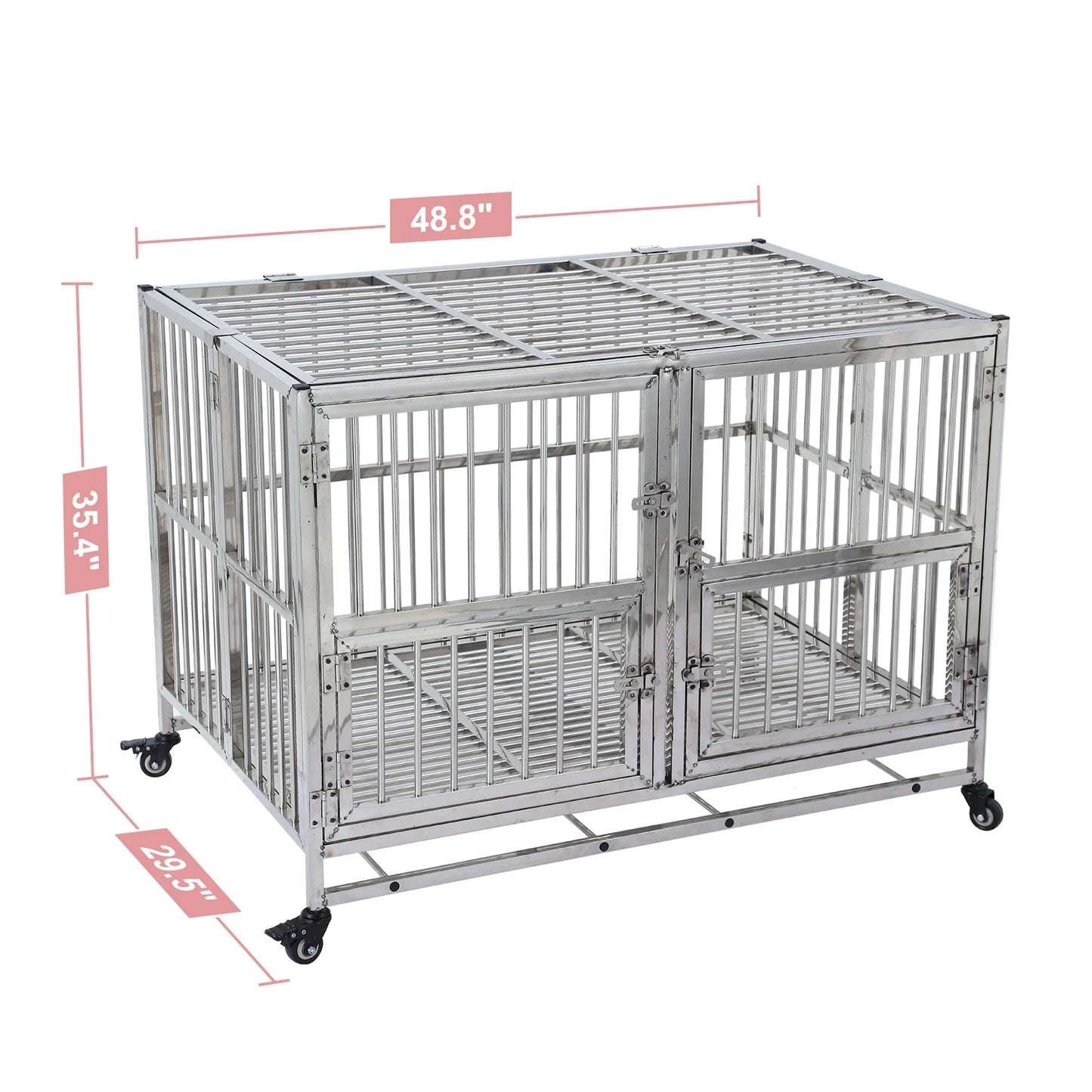 48" Heavy Duty Dog Crate Cage Kennel with Wheels, Full Stainless Steel High Anxiety Indestructible Dog Crate,Sturdy Locks Design