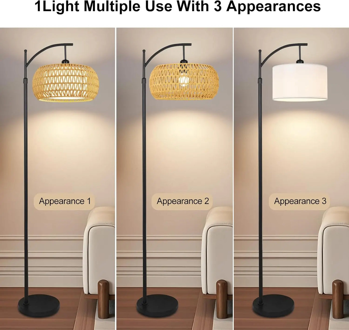 Boho Rattan Floor Lamp with Remote, Dimmable LED Black Standing Lamp for Living Room Bedroom Corner