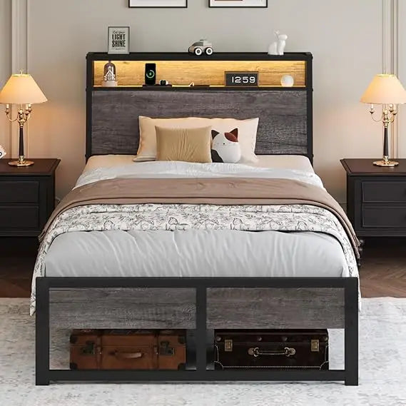 Twin Size Bed Frame with Built-in Charging Port and LED Lighting, Twin Bed Platform with Storage Headboard and Strong Steel Slat
