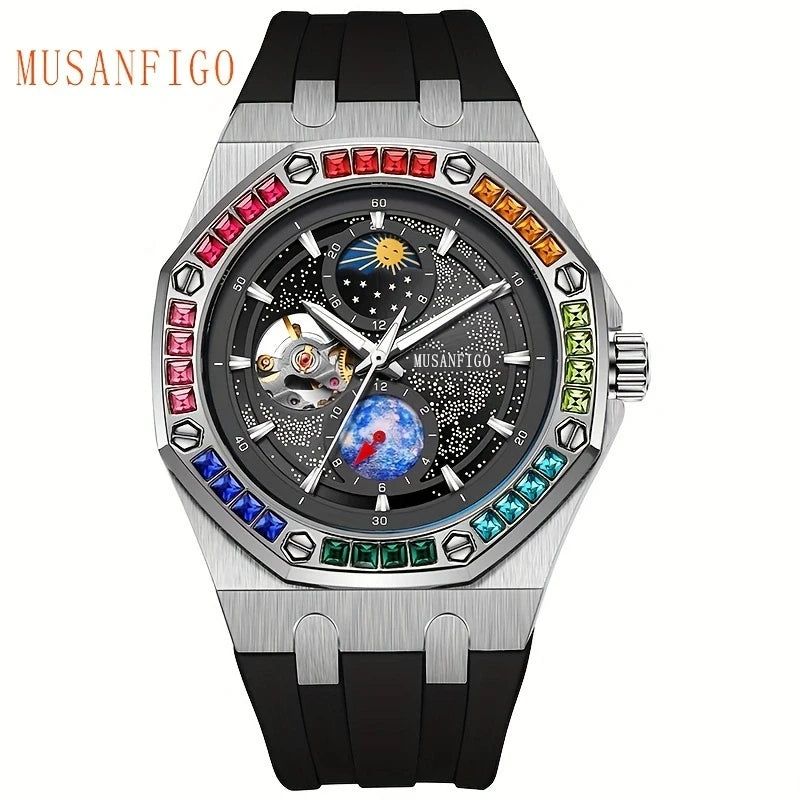 Men's Automatic Watch, Waterproof Watch, Rhinestone, Super Luminous Sun, Moon and Stars, Dial, Skeleton, Men's Gift Watch