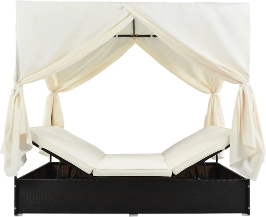 Outdoor Canopy Bed Patio Daybed Sunbed with Retractable Canopy Rattan Sun Lounger Patio Loveseat Sofa Set with Curtains Garden F