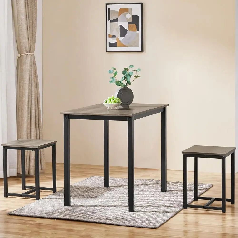 Compact 2-Person Dining Table Set with 2 Stools, Gray, Space-Saving Design for Kitchen, Dining Room, Living Room