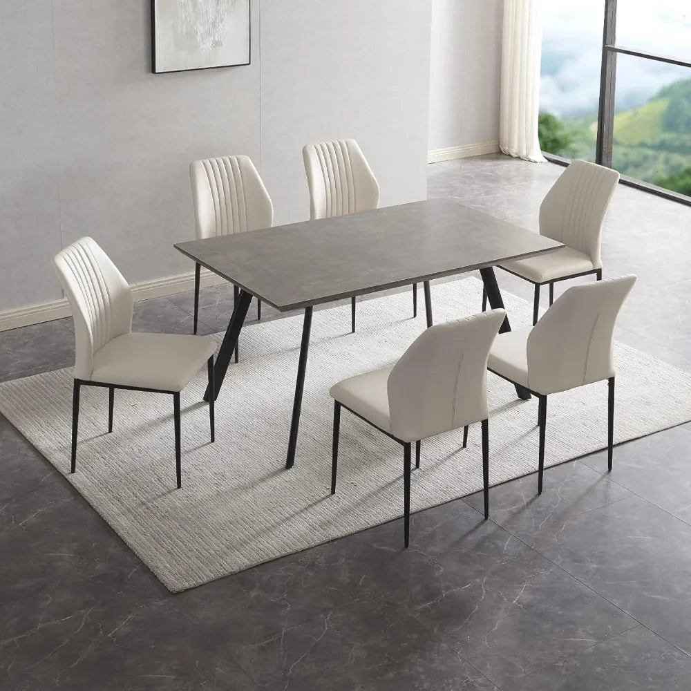 7 Piece Dining Table Set with 6 Chairs 59 Inch Kitchen Table And Chairs Metal Frame Suitable for 4-6 Persons