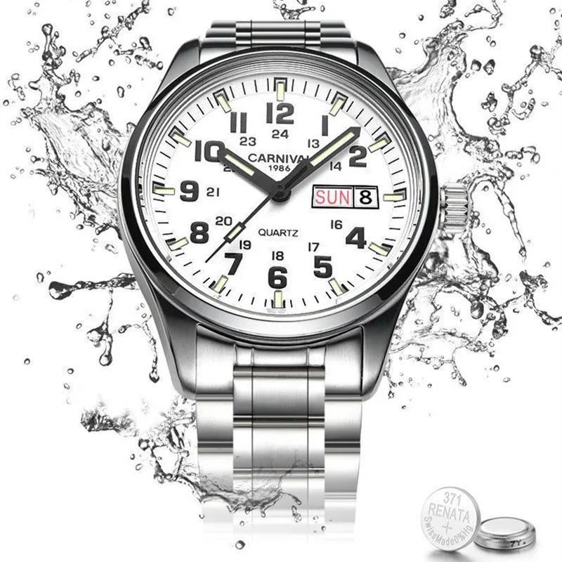 Carnival Brand Fashion Quartz Wrist Watch for Men Luxury Stainless Steel Luminous Military Watches Waterproof Clock Reloj Hombre