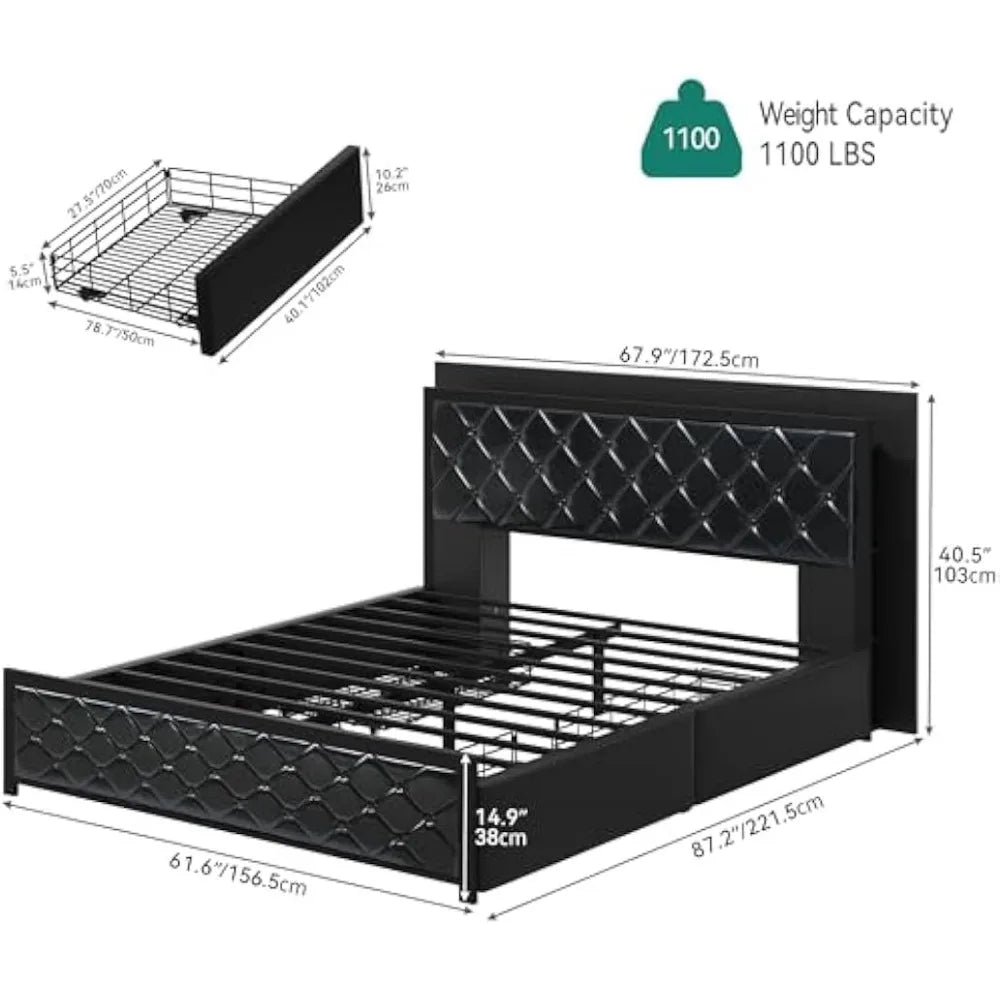 yitahome queen bed frame with rgb led lights headboard & 4 storage drawers, modern upholstered faux leather platform bed with us